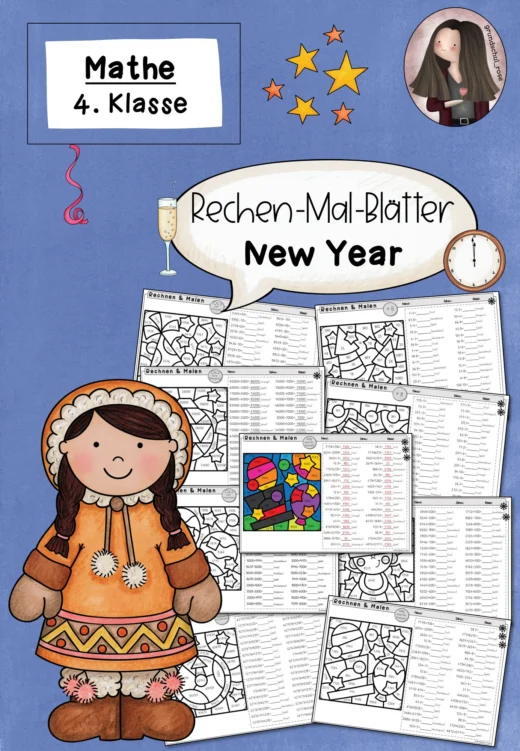 Rechnen und Malen: Rechenmalblätter Neujahr Addition Subtraktion Multiplikation Division  (4. Klasse)