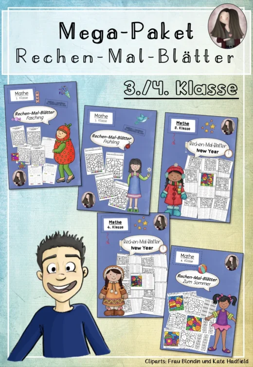 Rechenmalblätter Addition Subtraktion Multiplikation Division Klasse 3 bis 4 MEGA-Paket: