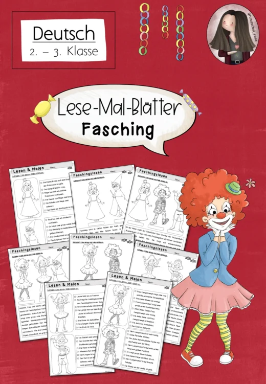 Lesemalblätter Fasching / Karneval Klasse 2 bis 3 Deutsch