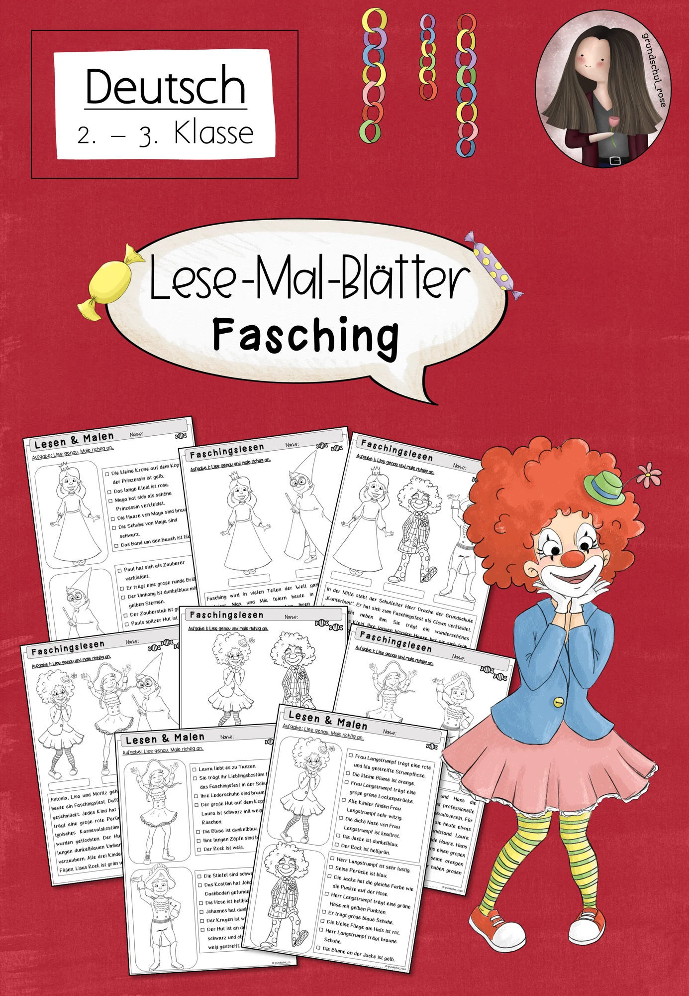 Cover: Lesemalblätter Fasching / Karneval Klasse 2 bis 3 Deutsch – digitales Unterrichtsmaterial für die Grundschule