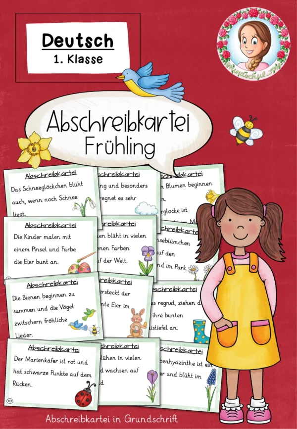 Abschreibkartei Frühling in Grundschrift für Klasse 1