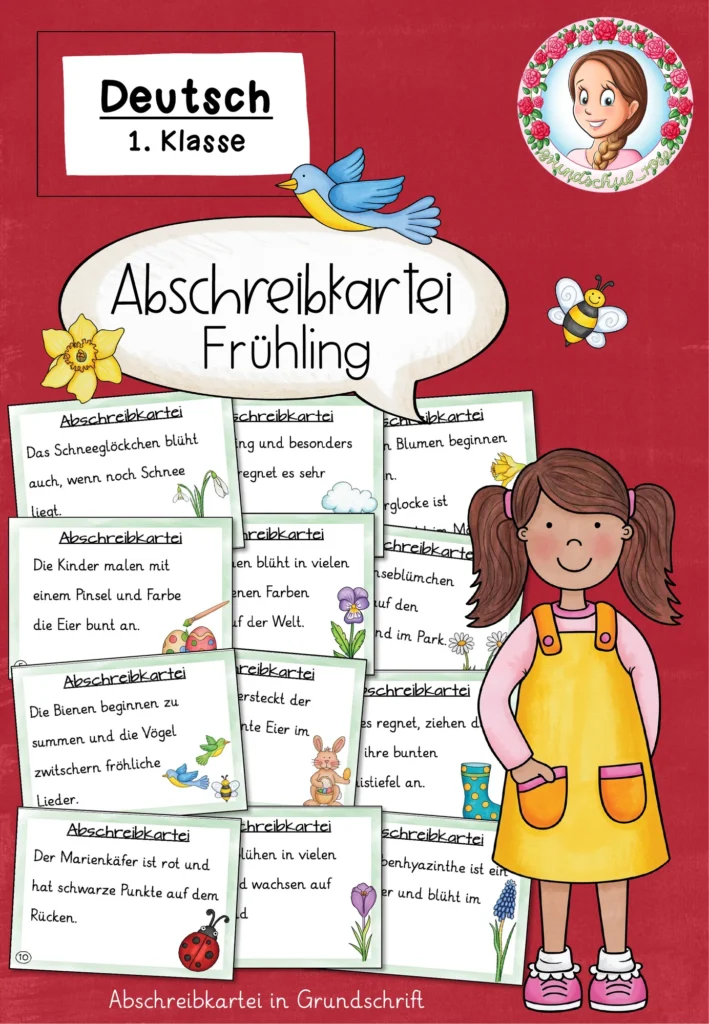 Abschreibkartei Frühling in Grundschrift für Klasse 1