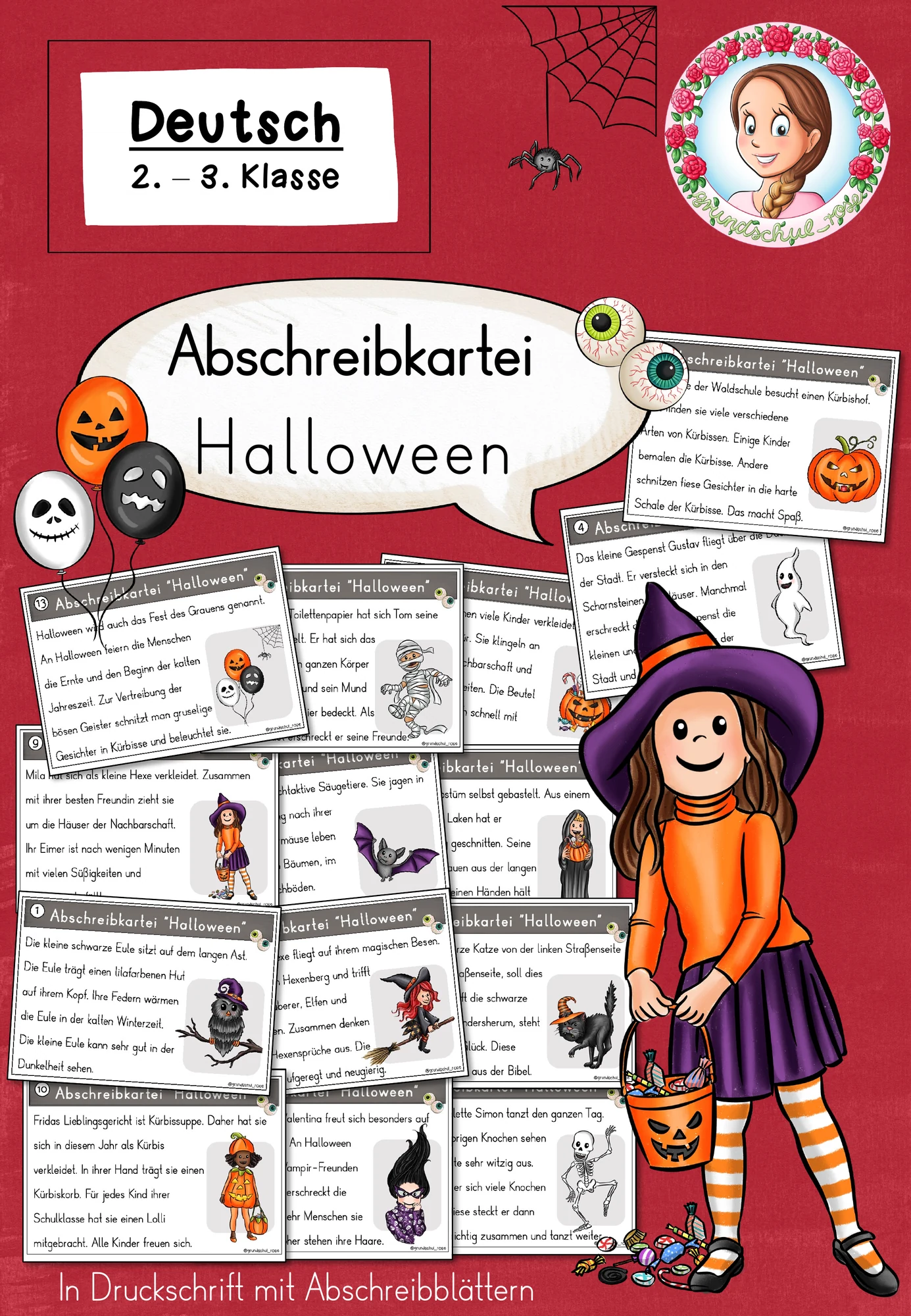 Abschreibkartei zu Halloween in Druckschrift (2.-3. Klasse)