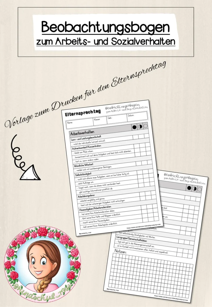 Unterrichtsmaterial Beobachtungsbogen Arbeits Klasse 1 - Cover für Klasse 1