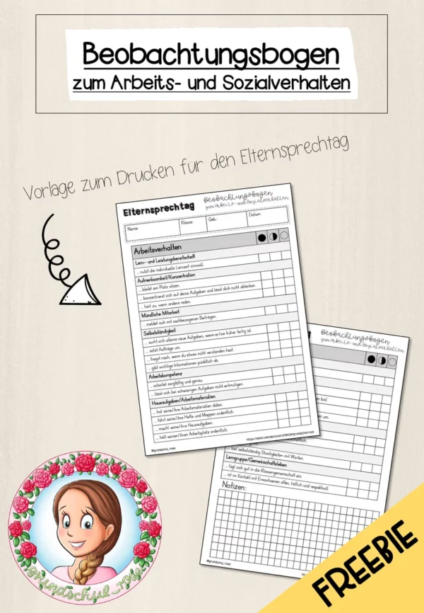 FREEBIE: Beobachtungsbogen zum Arbeits- und Sozialverhalten (Elternsprechtag/Lernentwicklungsgespräch) – Cover für Classroommanagement, 1. Klasse, 2. Klasse