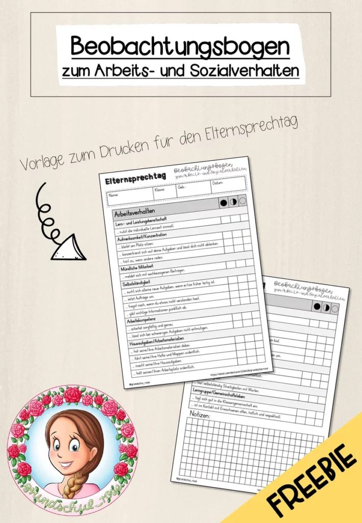 FREEBIE: Beobachtungsbogen zum Arbeits- und Sozialverhalten (Elternsprechtag/Lernentwicklungsgespräch)