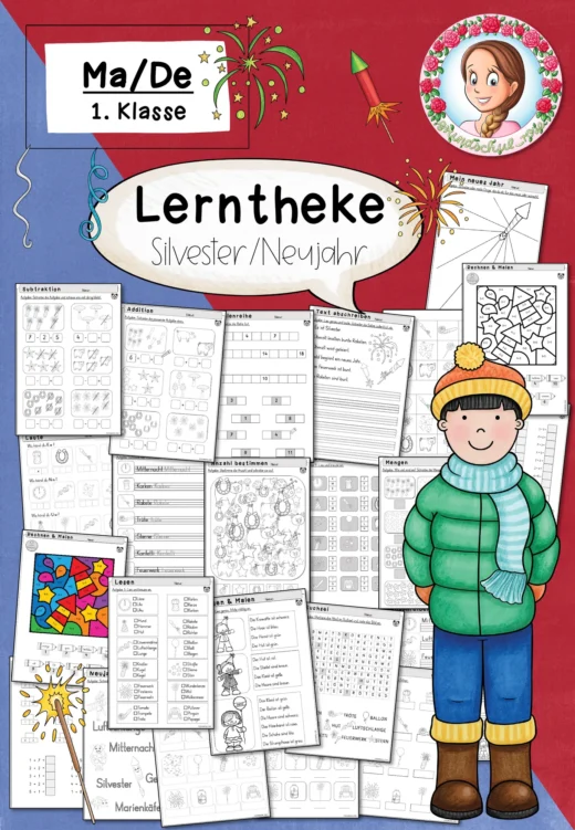 Lerntheke Silvester/Neujahr (Klasse 1) Mathe Deutsch Freiarbeit