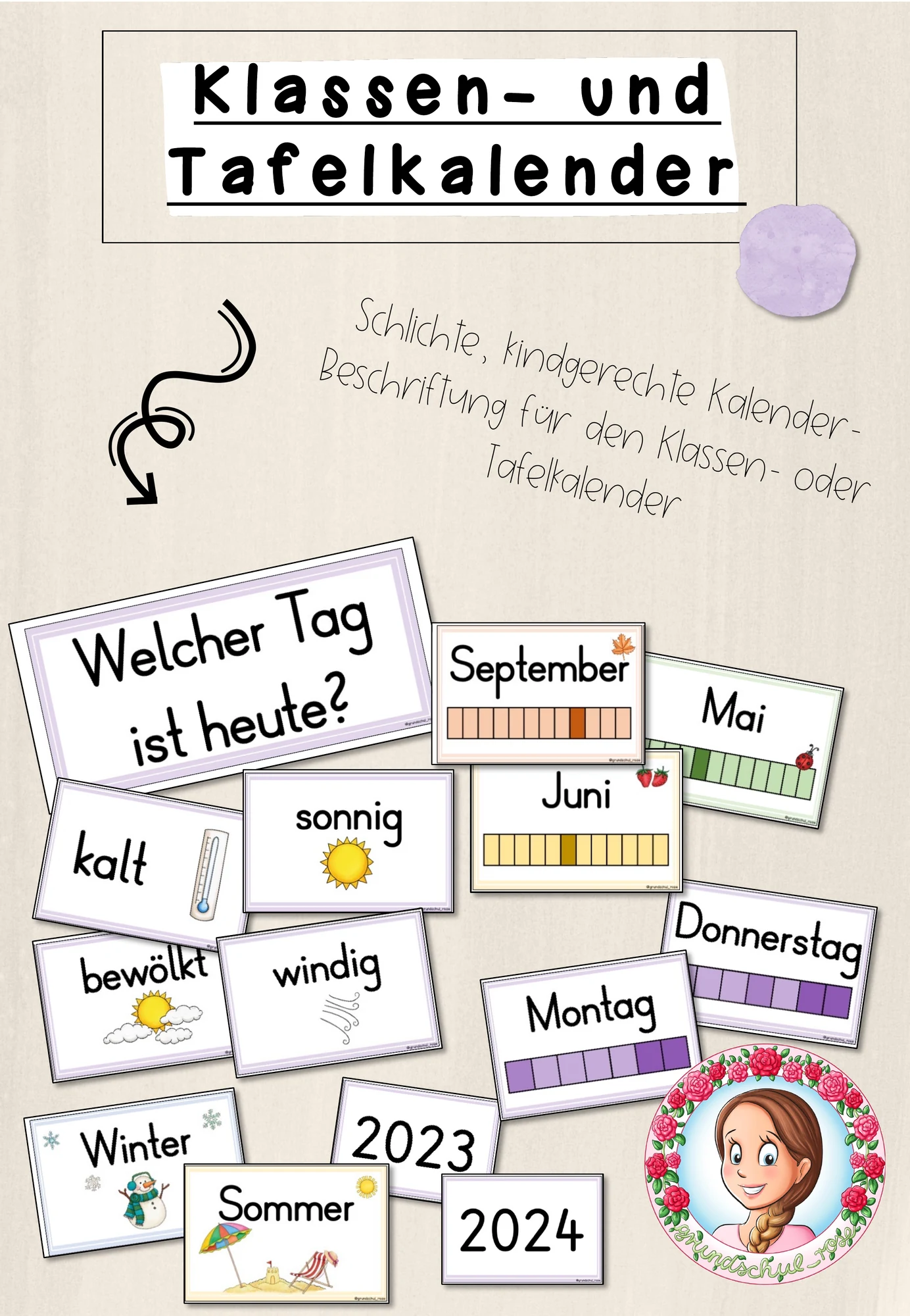 Classroommanagement: Klassen- und Tafelkalender in flieder (Visualisierung)