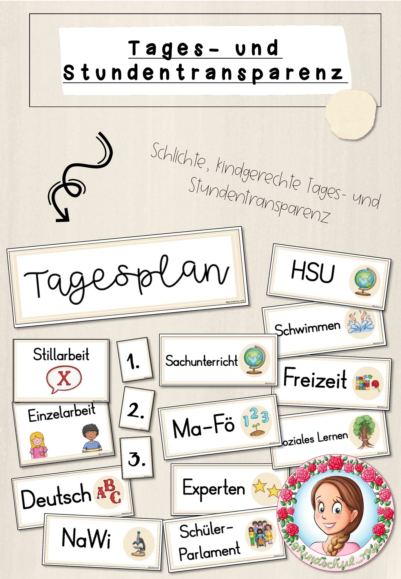 Classroommanagement: Tagestransparenz / Stundenplan Visualisierung in creme/beige