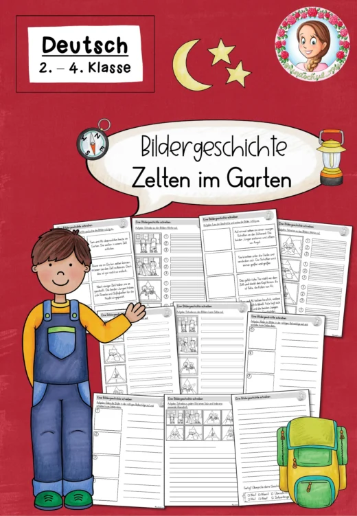Bildergeschichten/Kurzgeschichten schreiben: Zelten im Garten / Sommer (2.-4. Klasse) Sommergeschichte