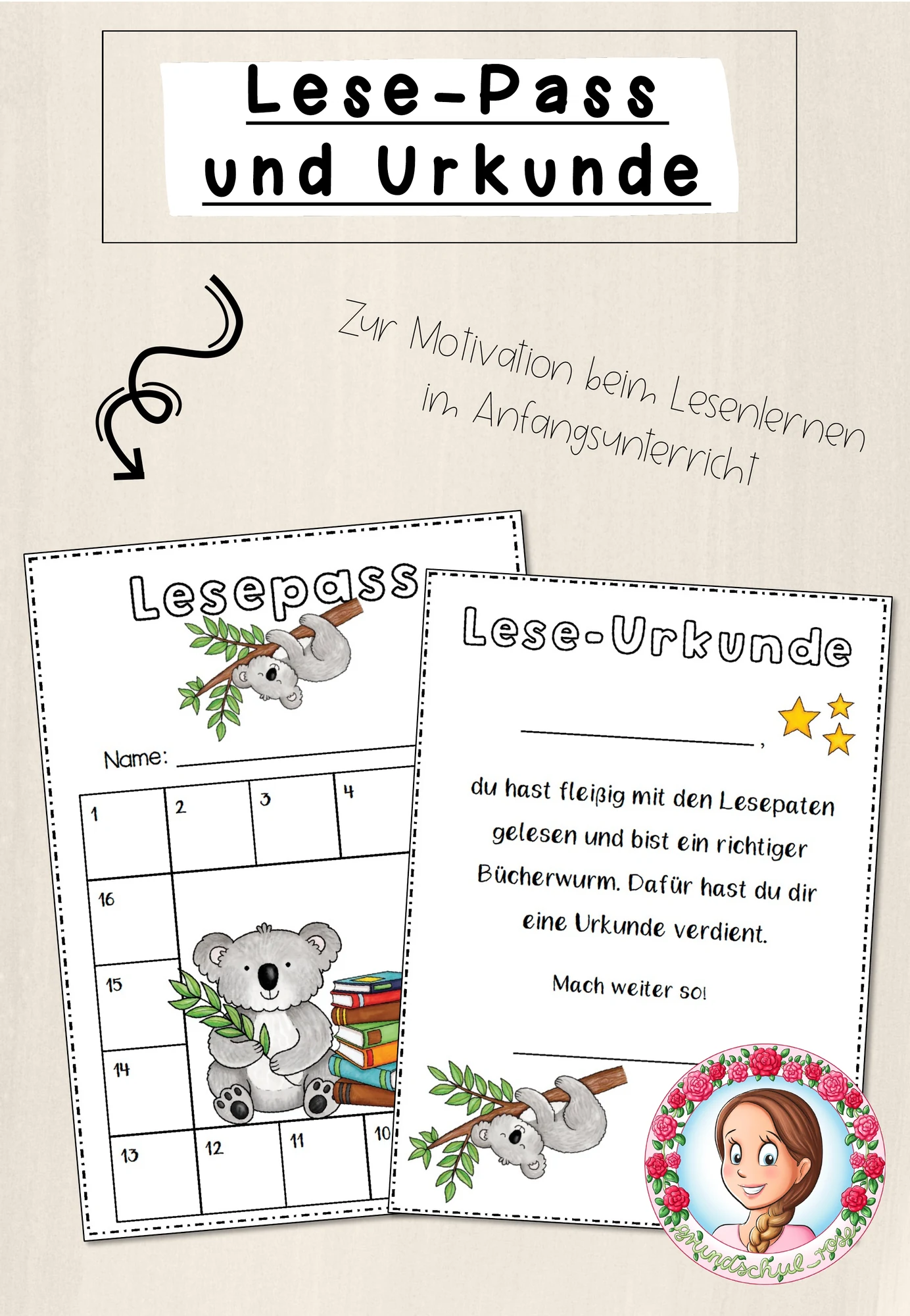 Koala-Klasse: Lesepass und -urkunde (Classroommanagement)