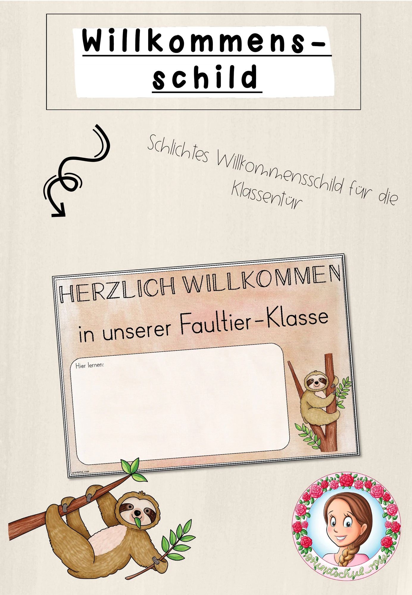 Faultier-Klasse: Willkommensschild (Classroommanagement)