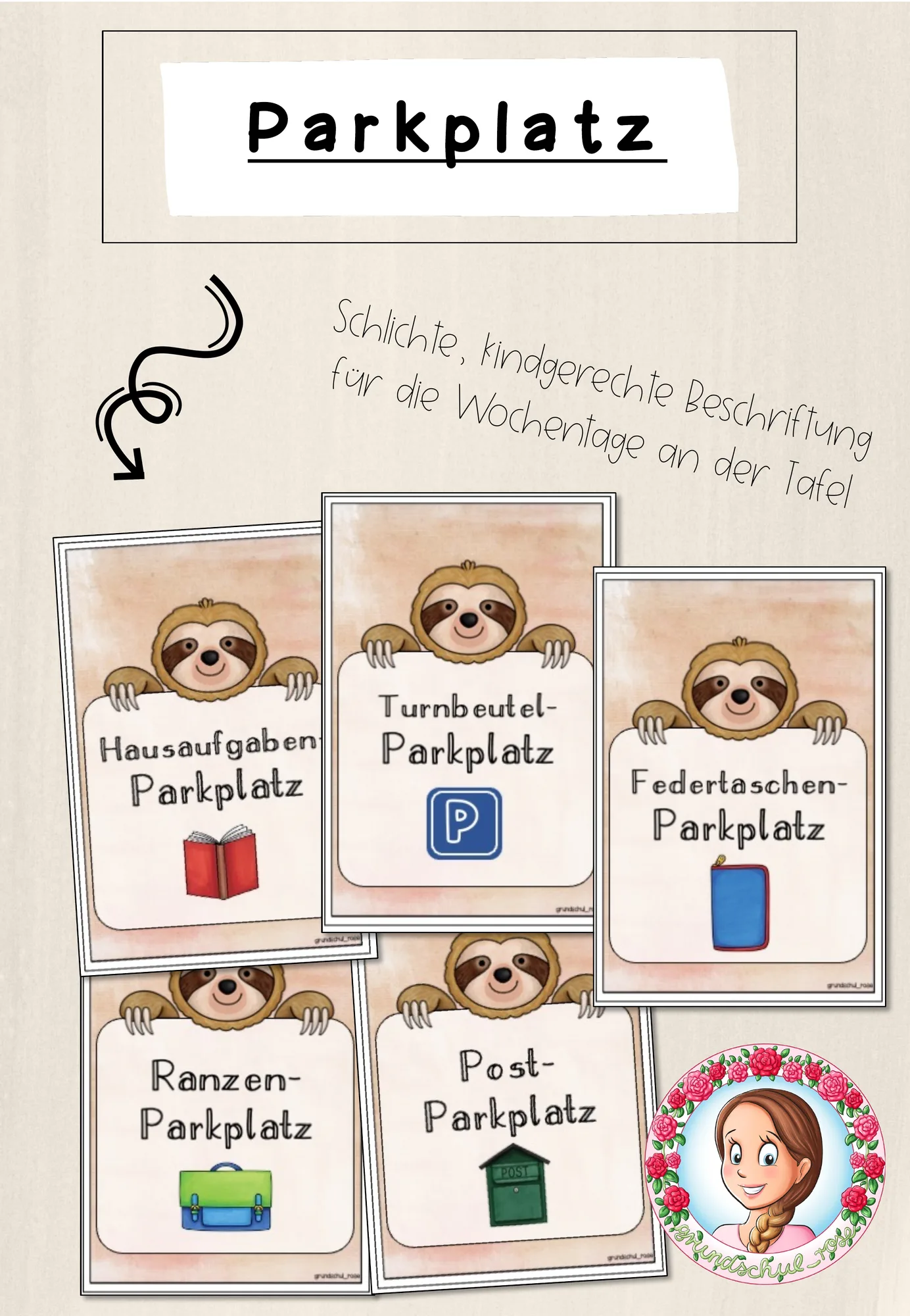 Faultier-Klasse: Parkplatz-Karten (Classroommanagement)