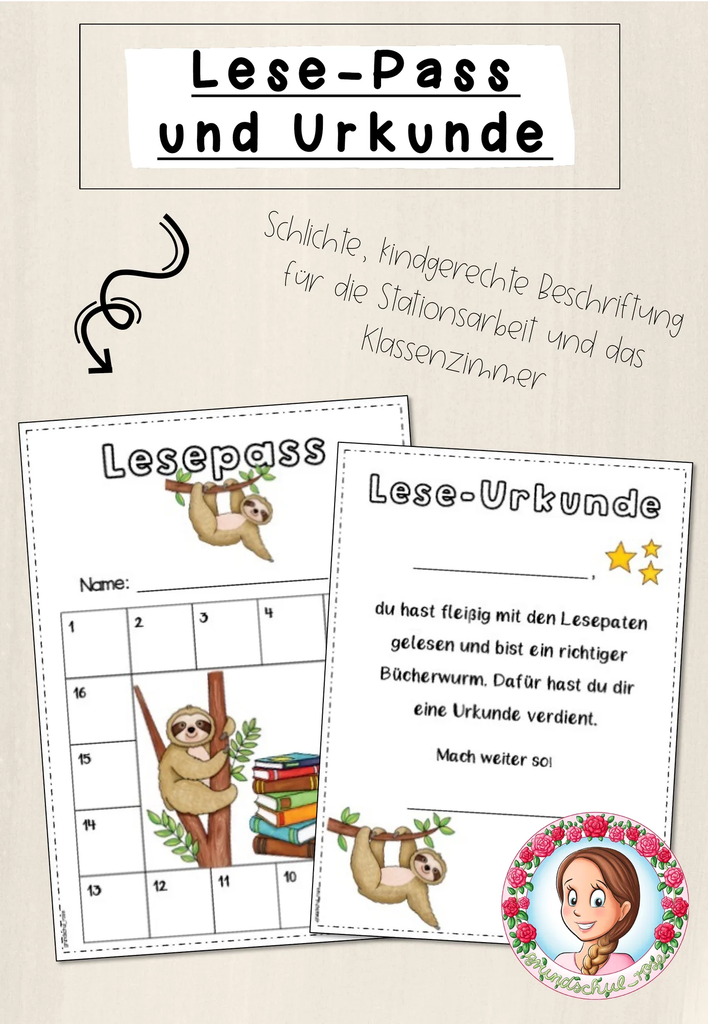 Faultier-Klasse: Lesepass und -urkunde (Classroommanagement)