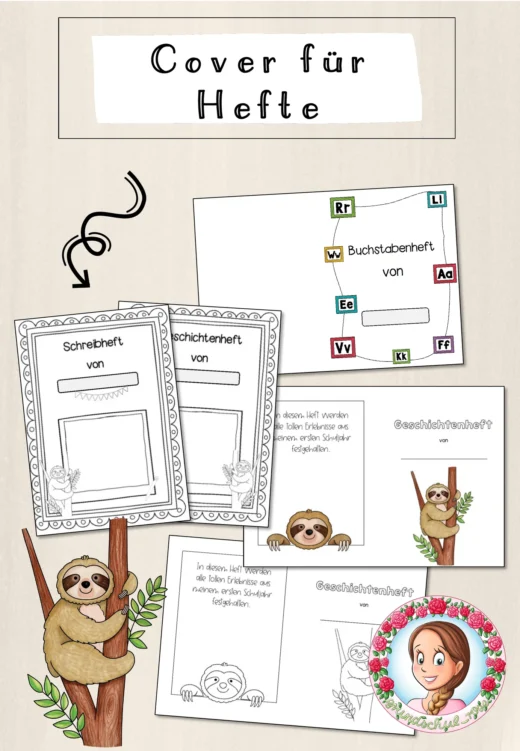 Faultier-Klasse: Deckblätter für Hefte (Classroommanagement)