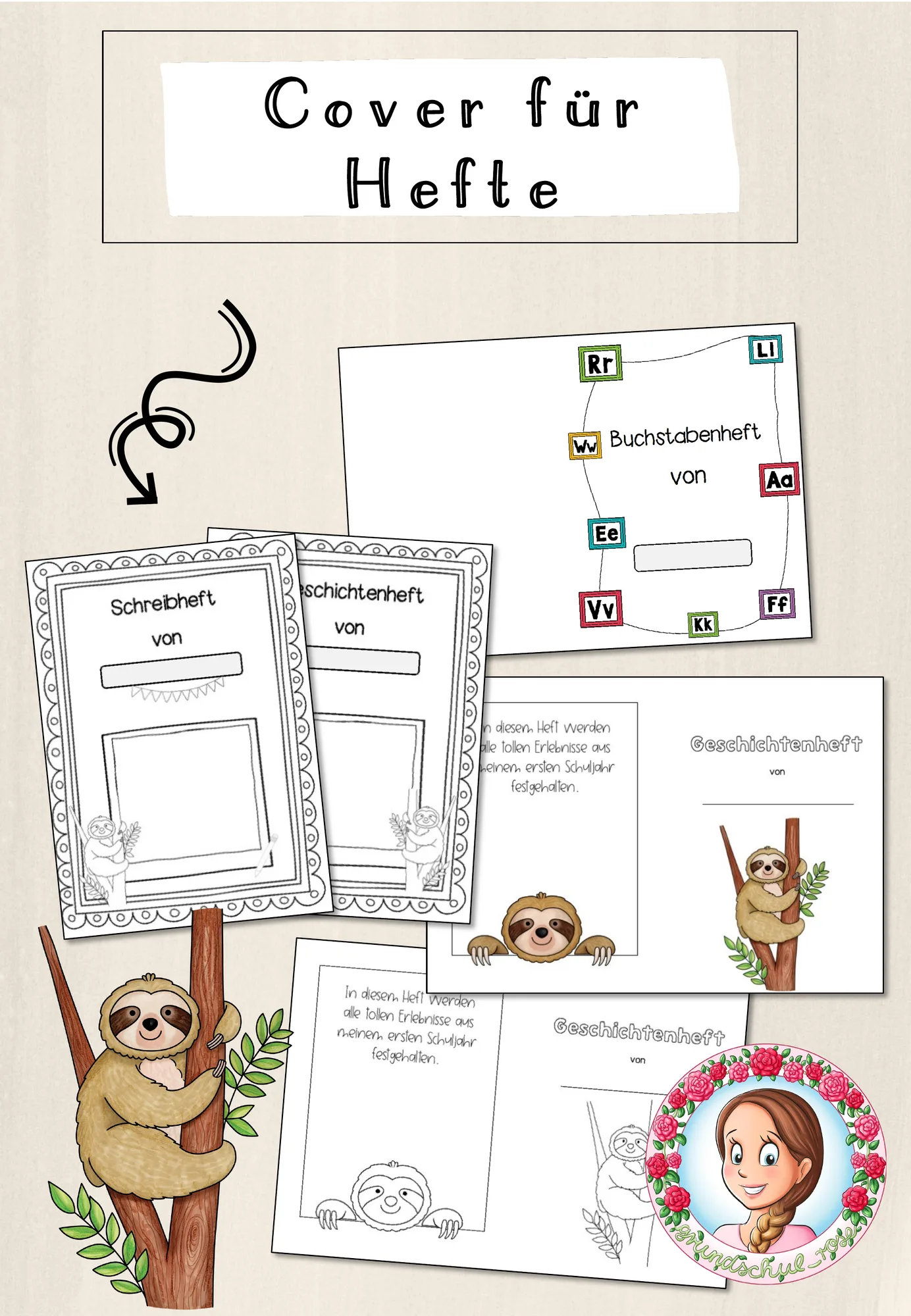 Faultier-Klasse: Deckblätter für Hefte (Classroommanagement)