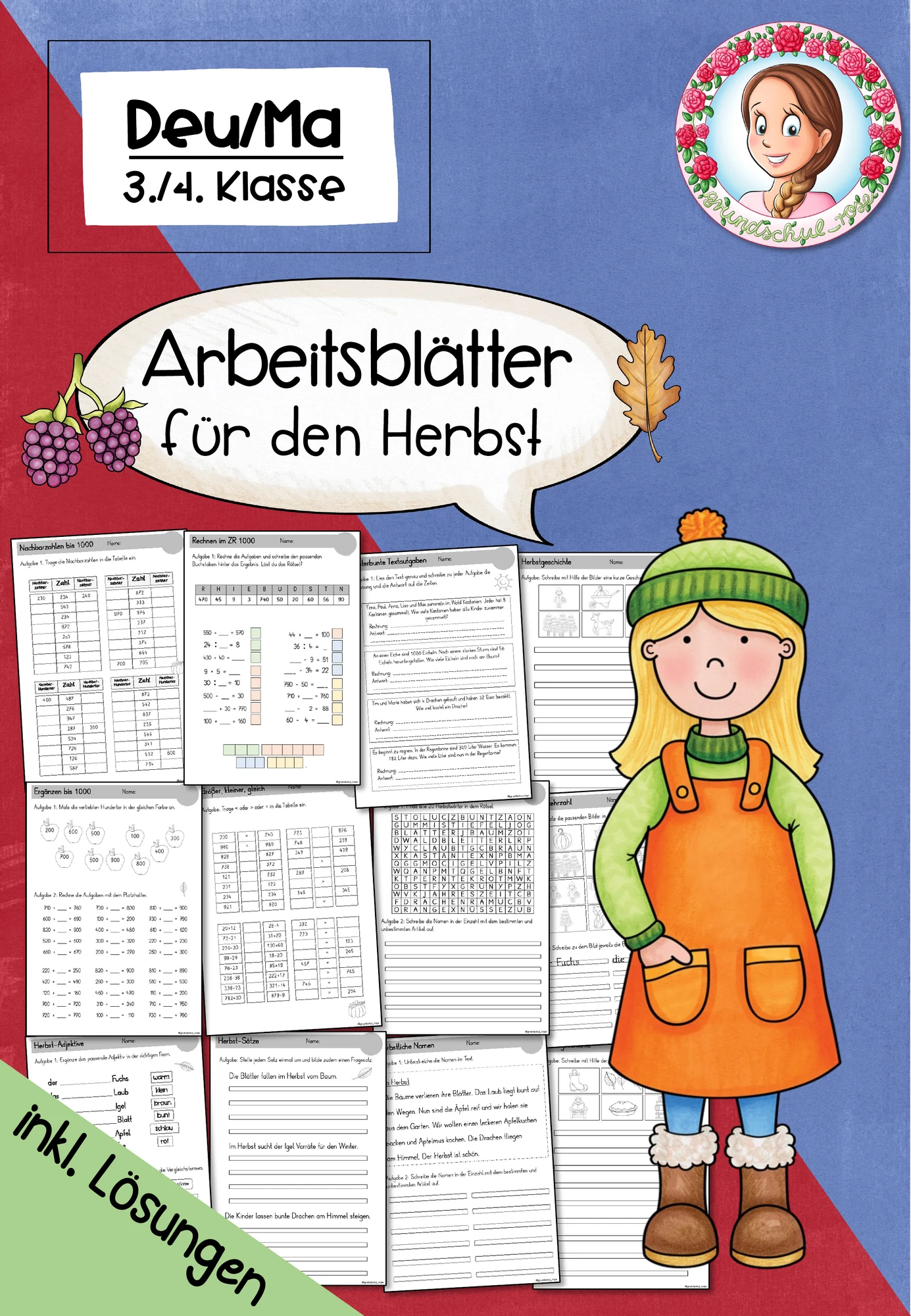 Herbst: Arbeitsblätter Deutsch & Mathe (3. Klasse)