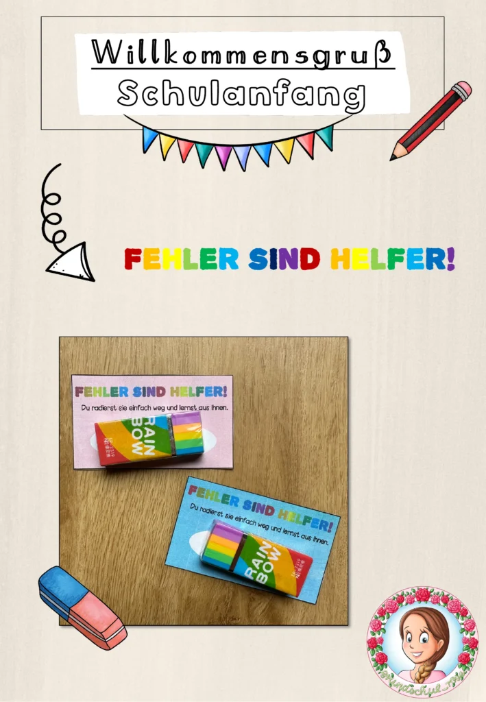 Willkommensgruß Schulanfang Radiergummi - Classroommanagement Freebie Klasse 1