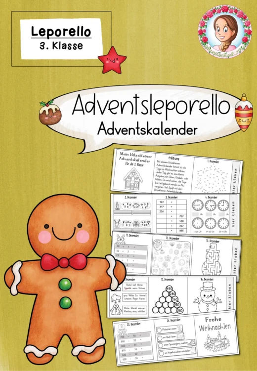 Weihnachten Adventskalender: Jeden Tag eine kleine Aufgabe – Leproello – Deutsch, Mathe & Spaß (3. Klasse)