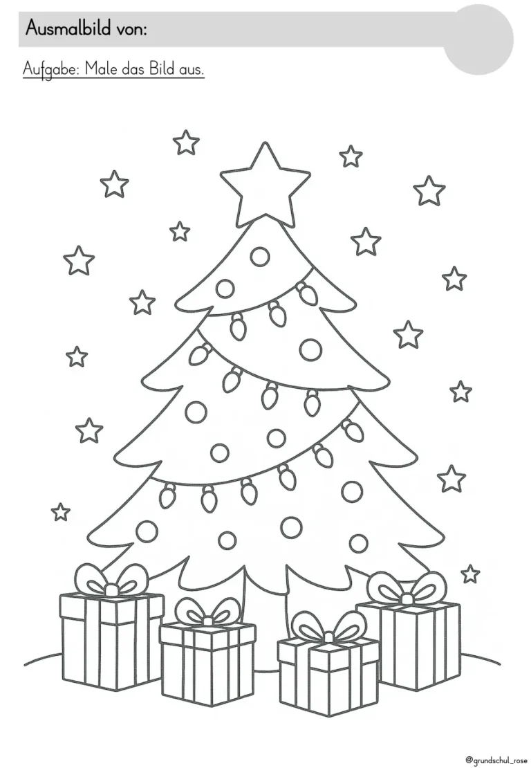Kostenloses Ausmalbild Weihnachten: Tannenbaum mit Lichterkette und Geschenken
