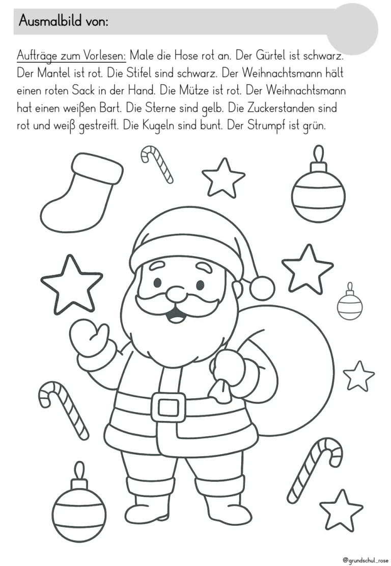 Ausmalbilder Weihnachten Vorschule: Weihnachtsmann mit Geschenkesack, dazu Farbaufträge zum Vorlesen
