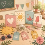 Illustration mit sommerlichen Grußkarten und kleinen Mitgebseln für den letzten Schultag