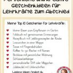 Grafik mit der Überschrift „persönliche und kreative Geschenkideen für Lehrkräfte zum Abschied“. Die Top 10 nennen einen kleinen Baum zum Einpflanzen im Garten, ein Fotobuch mit gemeinsamen Erinnerungen, ein Rezeptbuch mit Lieblingsrezepten der Kinder, Lesezeichen in einer Mappe, eine Tasse mit Fingerabdrücken, einen Kaffee-to-go-Becher mit Namen, eine Brotdose mit persönlicher Widmung, einen Schlüsselanhänger, einen personalisierten Stift oder ein Mäppchen und einen Jutebeutel mit Unterschriften.
