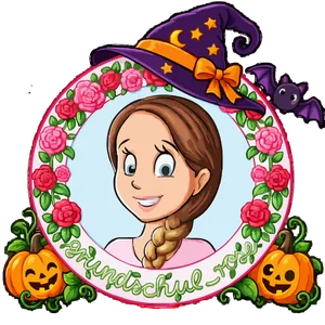 Grundschul Rose mit Halloween-Hut, Fledermaus und Kürbissen
