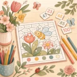Illustration mit Rechenmalblatt, Buntstiften, Frühlingsblumen und Schmetterlingen