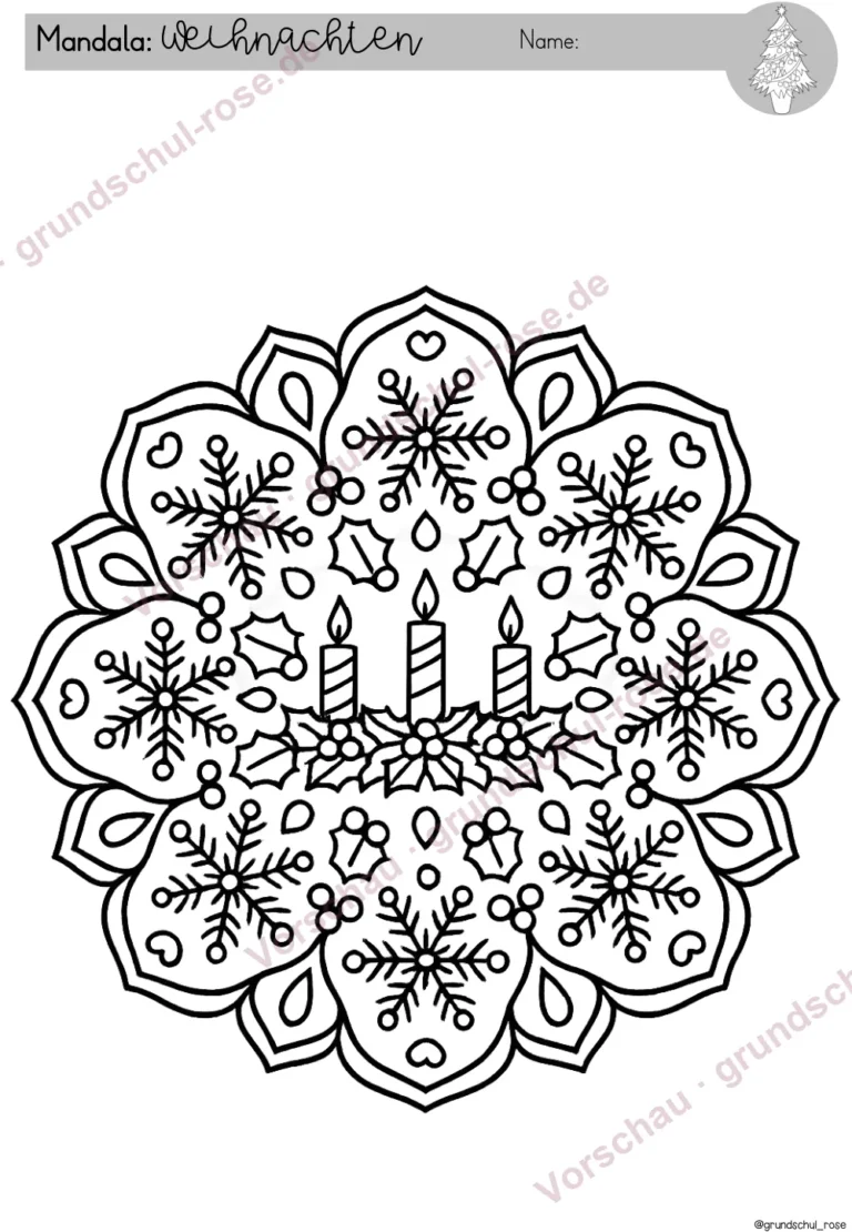 Ausmalbilder Weihnachten Klasse 1-4: Mandala mit Adventskerzen und Schneeflocken