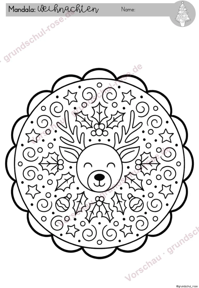 Weihnachten Kunst Grundschule: Mandala mit Rentierkopf, Stechpalme und Sternen
