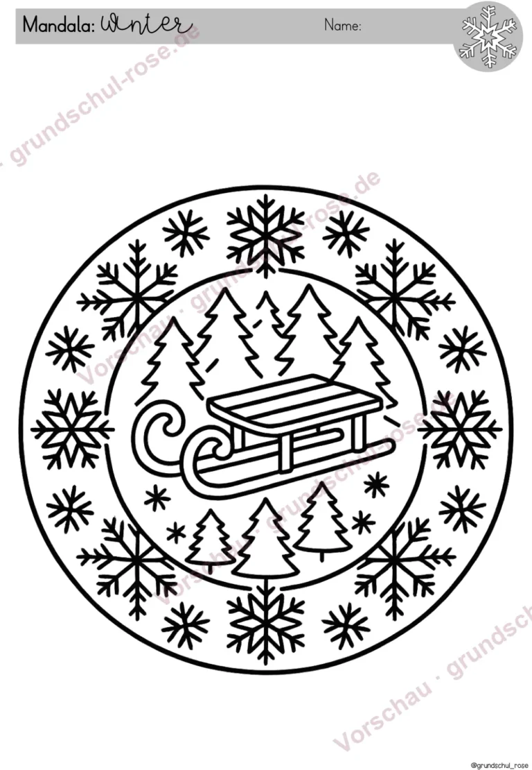 Winter Mandala mit Schlitten zwischen Tannen und Schneeflocken