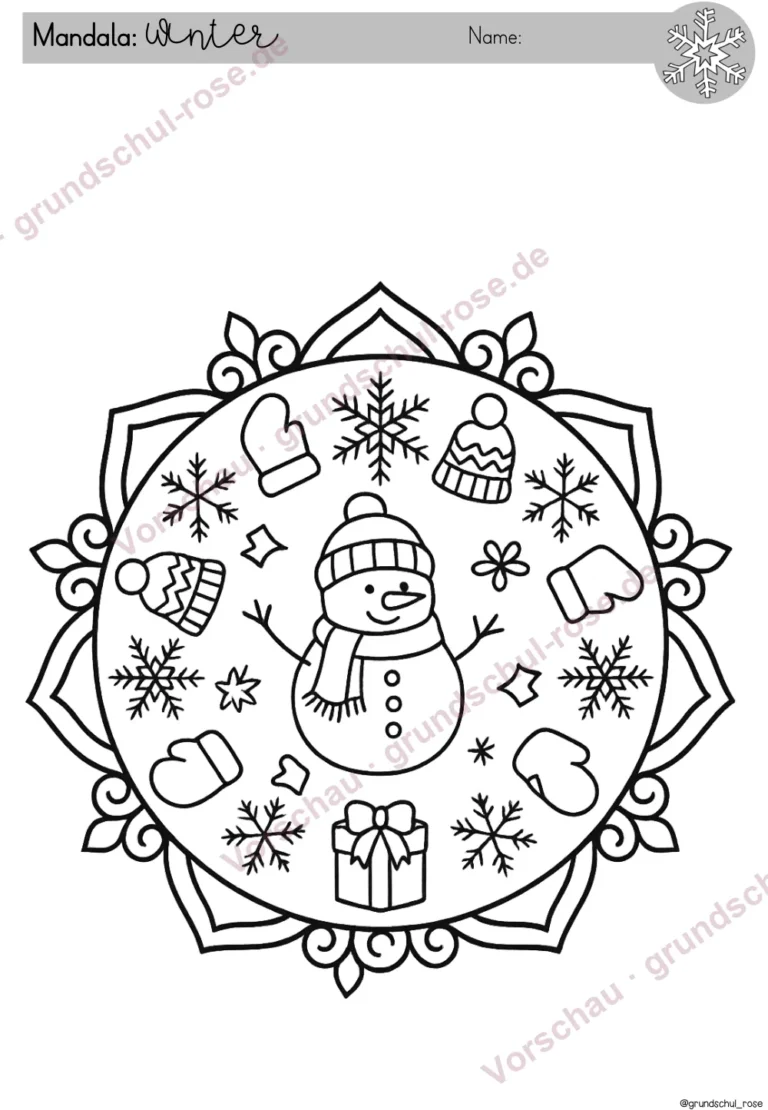 Ausmalbilder Winter Kunst Klasse 1-4: Mandala mit Schneemann, Mützen und Handschuhen