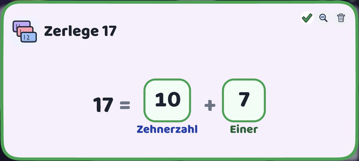 Originalansicht der interaktiven Übung: 17 wird in 10 und 7 zerlegt.